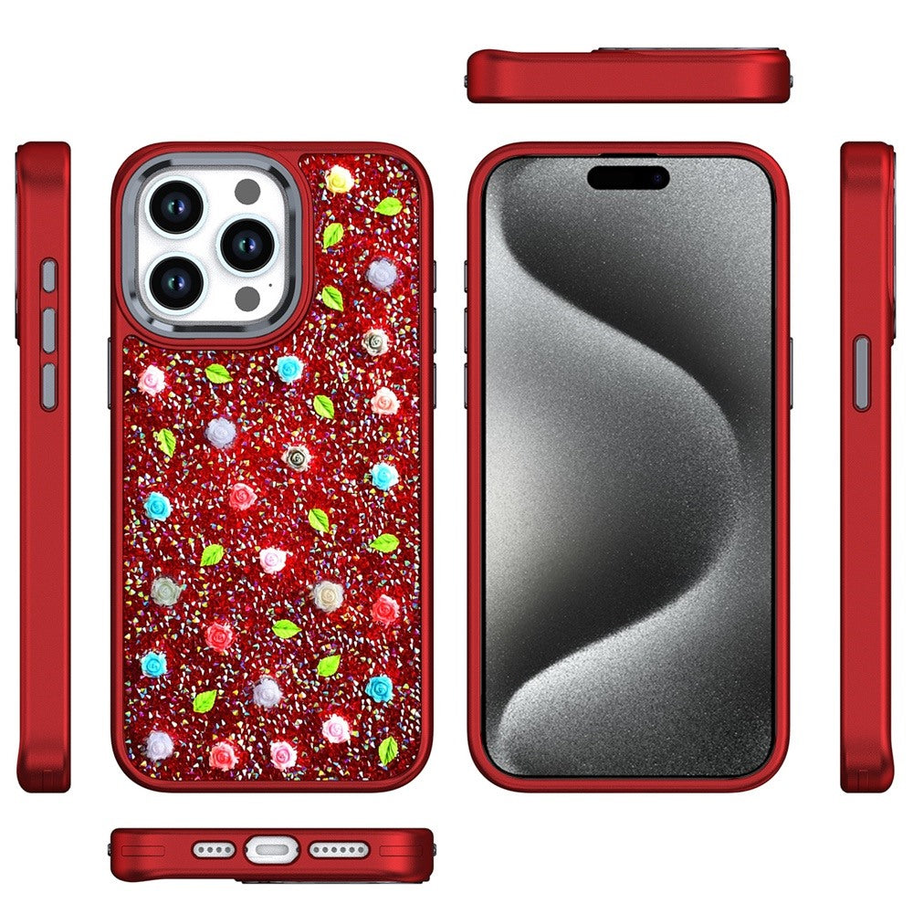 For Apple iPhone 12 Pro Max Floral Design Embedded Glass Diamond Fancy Fashion Glitter Bling Sparkly Hybrid Rugged TPU Bumper Case Cover