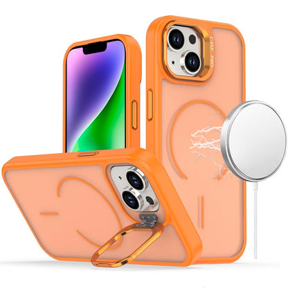 Phone Case for Apple iPhone 14/13 Premium Matte Magnetic Camera Stand Hybrid Shockproof Rugged Protective Anti Scratch Durable Grip Metal Buttons Cover Cosmic Orange