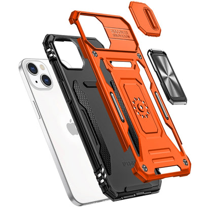 Phone Case for iPhone 15 (6.1") Tough Metal Ring Shockproof Sliding Camera Window Hybrid Armor Rugged Anti Slip Heavy Duty Grip Cover Cosmic Orange