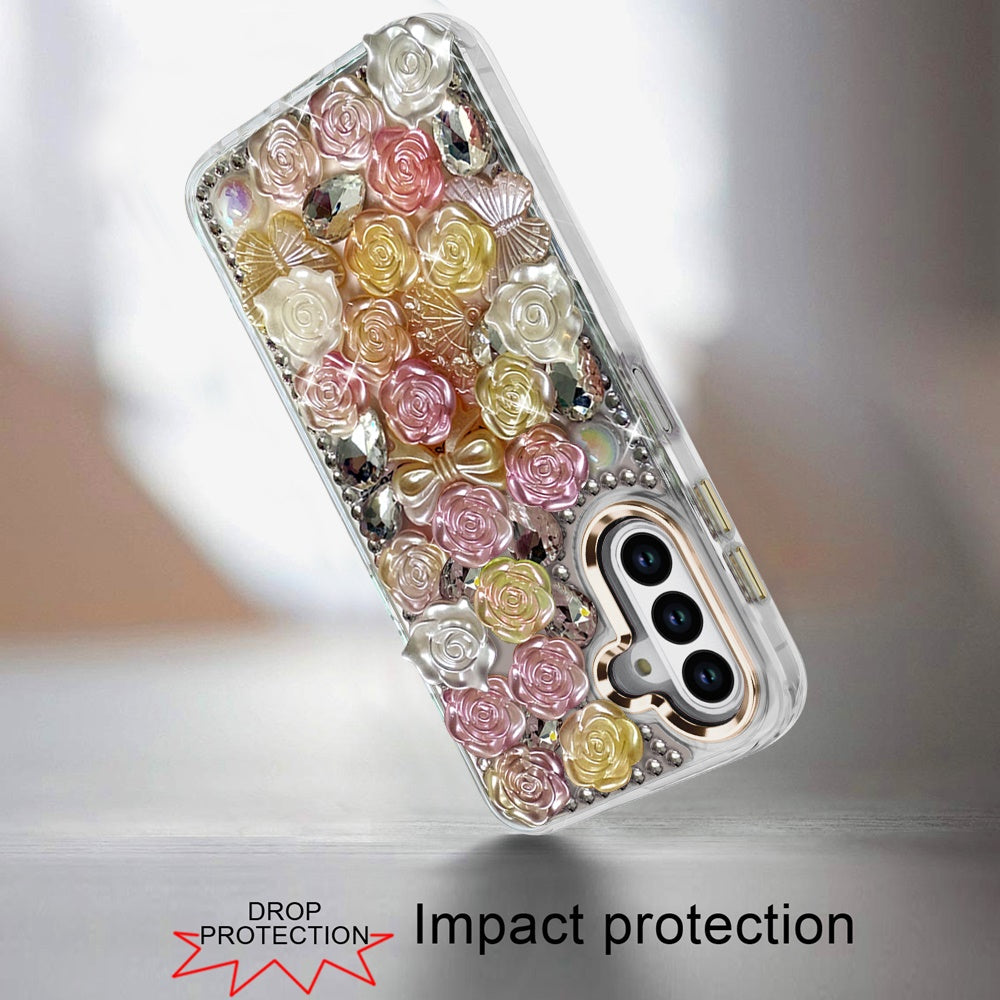 For Samsung Galaxy A16 5G Muti-Color Floral Fashion Bling Crystal 3D Full Diamonds Stones Sparkle Rhinestone Glitter Hybrid Case Cover
