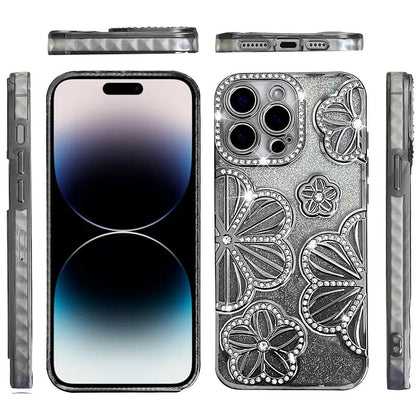 For iPhone 14 Pro Max (6.7") Luxury Flower Design Sparkle Glitter Diamond Rhinestone Shimmer Bling Plating Thick TPU Hard PC Case Cover