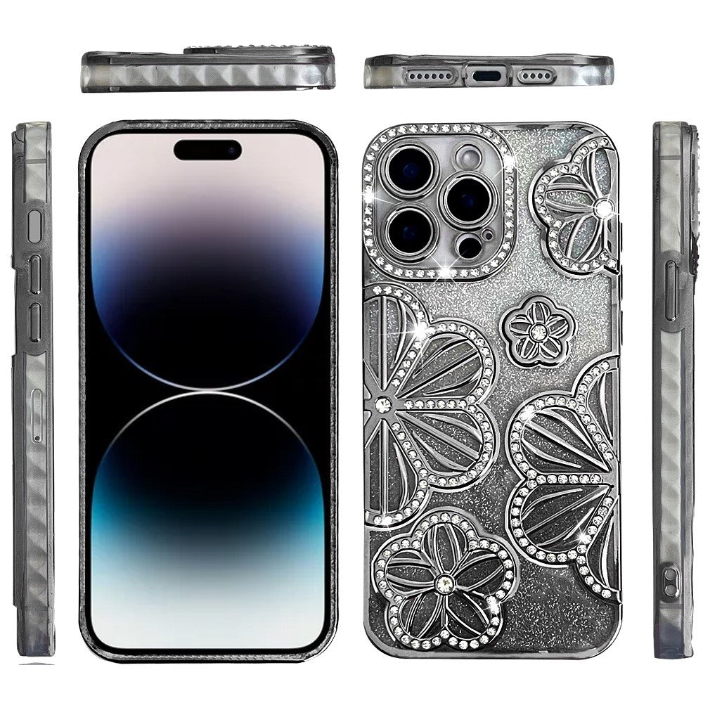 For Apple iPhone 15 Pro Max Luxury Floral Design Sparkle Glitter Diamond Crystal Rhinestone Shimmer Bling Plating Thick TPU Hard PC Case Cover