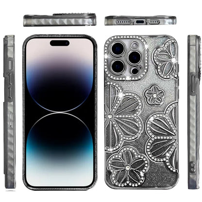 For Apple iPhone 15 Pro Max Luxury Floral Design Sparkle Glitter Diamond Crystal Rhinestone Shimmer Bling Plating Thick TPU Hard PC Case Cover