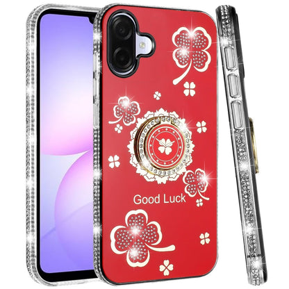 For Samsung Galaxy A07 Diamonds Bling All Around Edges Sparkly Glitter Hybrid with Ring Stand Holder Fashion Good Luck Case Cover