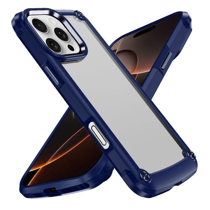 Phone Case for iPhone 16 Pro Max Transparent Hybrid Metal Button Camera Edge Shockproof Bumper Frame TPU Protective Slim Grip Durable Cover Blue