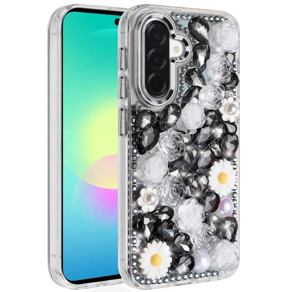 Phone Case for Samsung Galaxy A27 Full Bling Rhinestone Glitter Floral Luxury Hybrid Shockproof Stylish Sparkling Protective Designer Ornament Cover