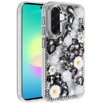 Phone Case for Samsung Galaxy A27 Full Bling Rhinestone Glitter Floral Luxury Hybrid Shockproof Stylish Sparkling Protective Designer Ornament Cover