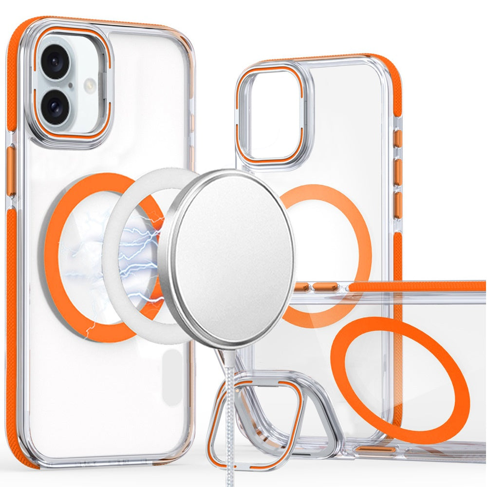 For Apple iPhone 17 Pro (6.3") Hybrid Clear Back Case with Invisible Camera Bracket Stand, MagSafe Magnetic Circle, Shockproof Color Frame Case Cover Cosmic Orange