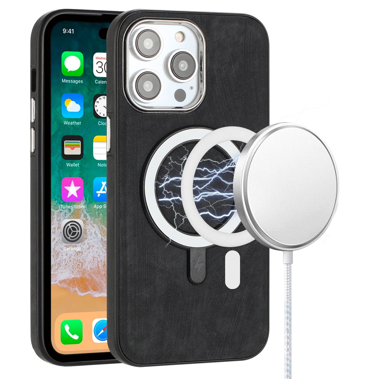 For Apple iPhone 17 Pro Fashion PU Vegan Leather Chrome Edge Hybrid, MagSafe Compatible, Durable TPU Hard PC Case Cover Black