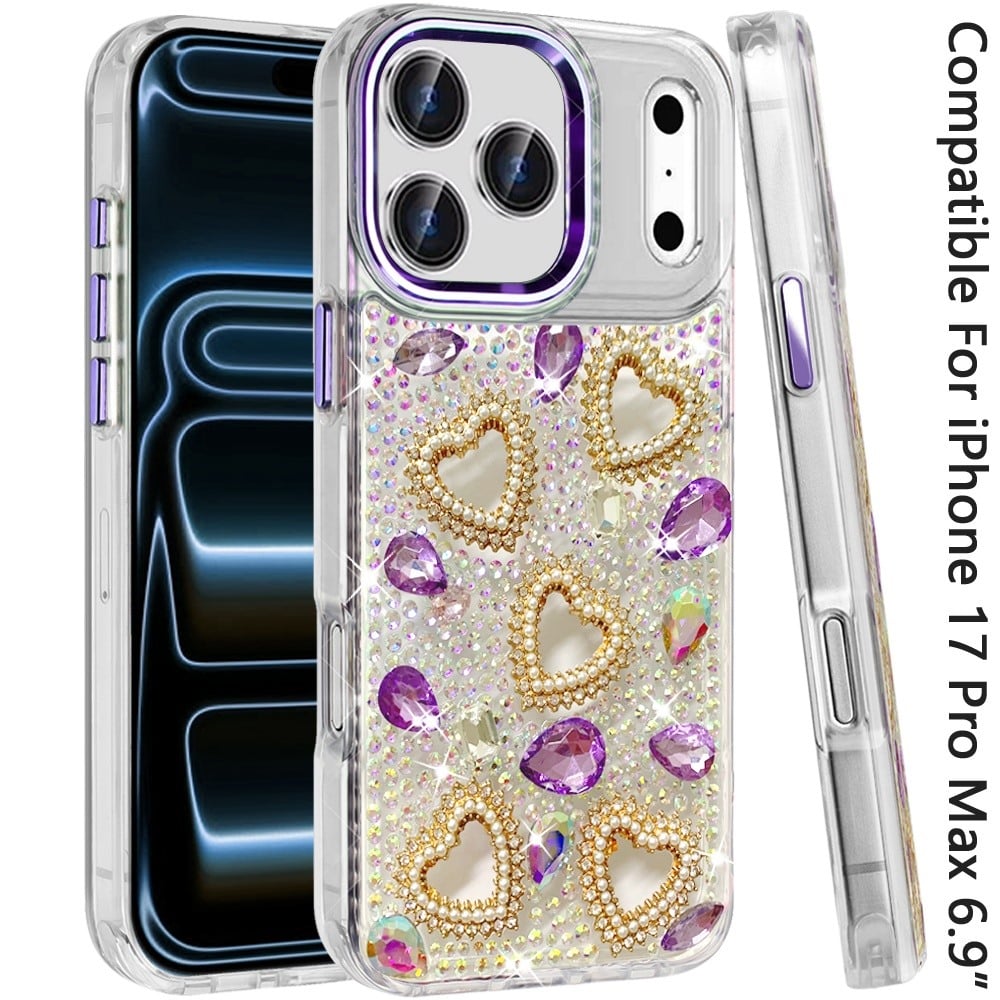 Phone Case for Apple iPhone 17 Pro Max Luxury Crystal Heart Rhinestone Diamond Bling Shockproof Hybrid Glitter Protective Stylish Durable Grip Cover