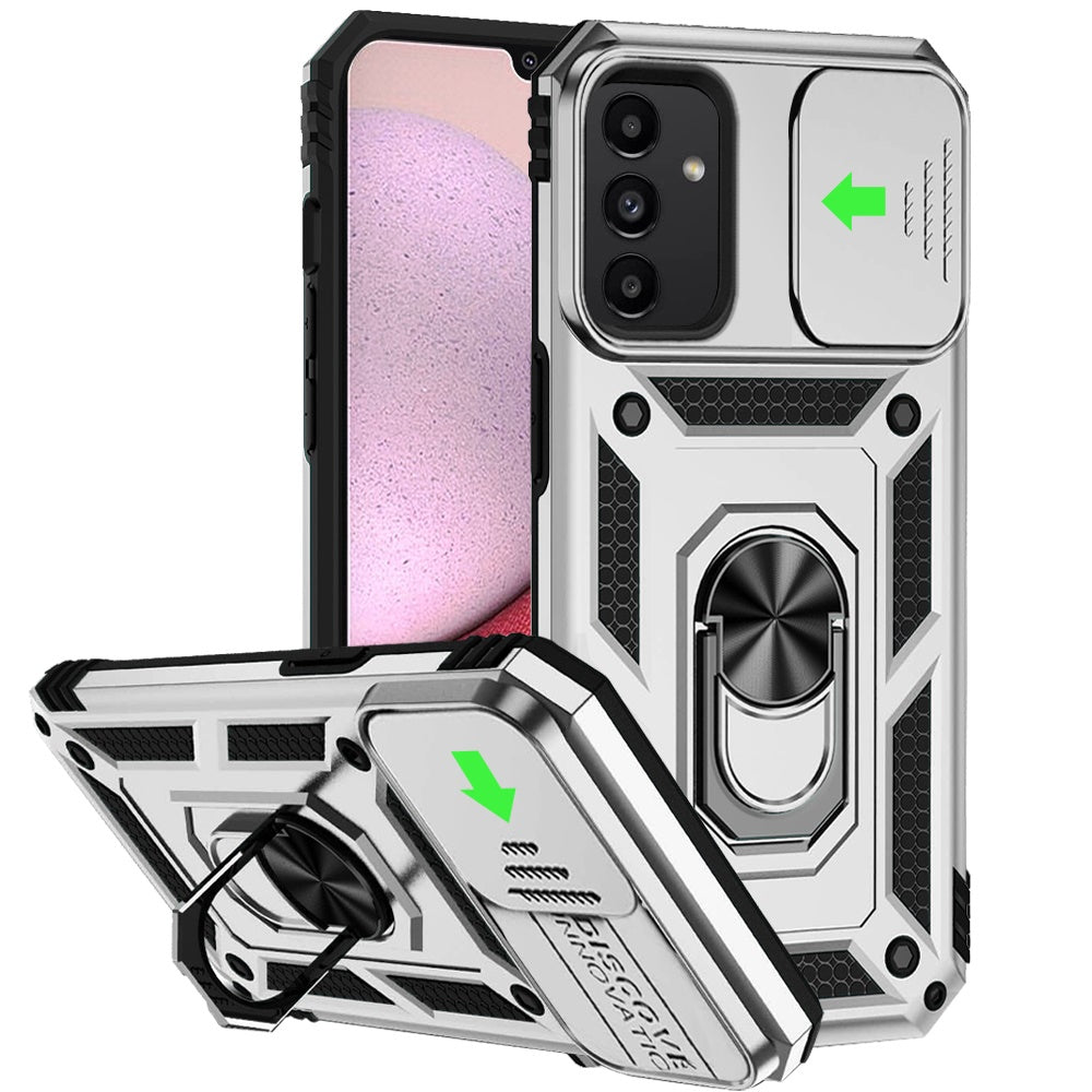 For Motorola Moto G 5G 2025 Hybrid Ring Shockproof with 360° Rotate Ring Kickstand, Camera Lens Protection, Soft Edge Bumper Case Cover Silver