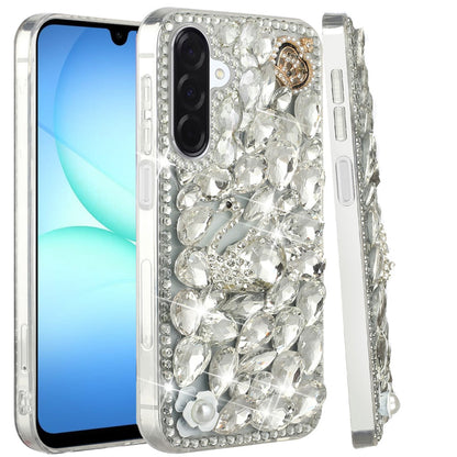 Phone Case for Galaxy A17 5G Luxury Full Diamond Glitter 3D Floral Ornament Hybrid Shockproof Stylish Rhinestone Designer Protective Elegant Cover Silver