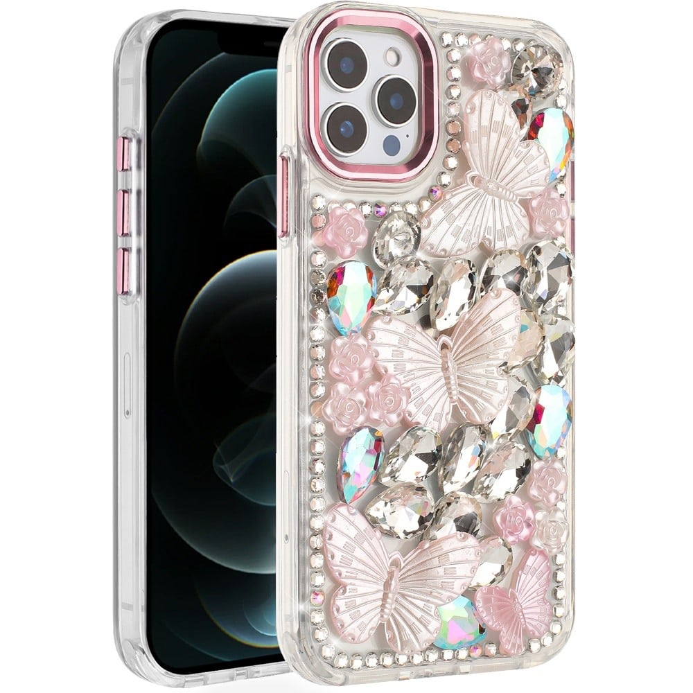 Phone Case for Apple iPhone 12 Pro Max Luxury 3D Floral Butterfly Bling Rhinestone Glitter Shockproof Stylish Protective Hybrid Designer Metallic Cover Pink