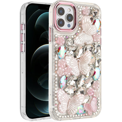 Phone Case for Apple iPhone 12 Pro Max Luxury 3D Floral Butterfly Bling Rhinestone Glitter Shockproof Stylish Protective Hybrid Designer Metallic Cover Pink