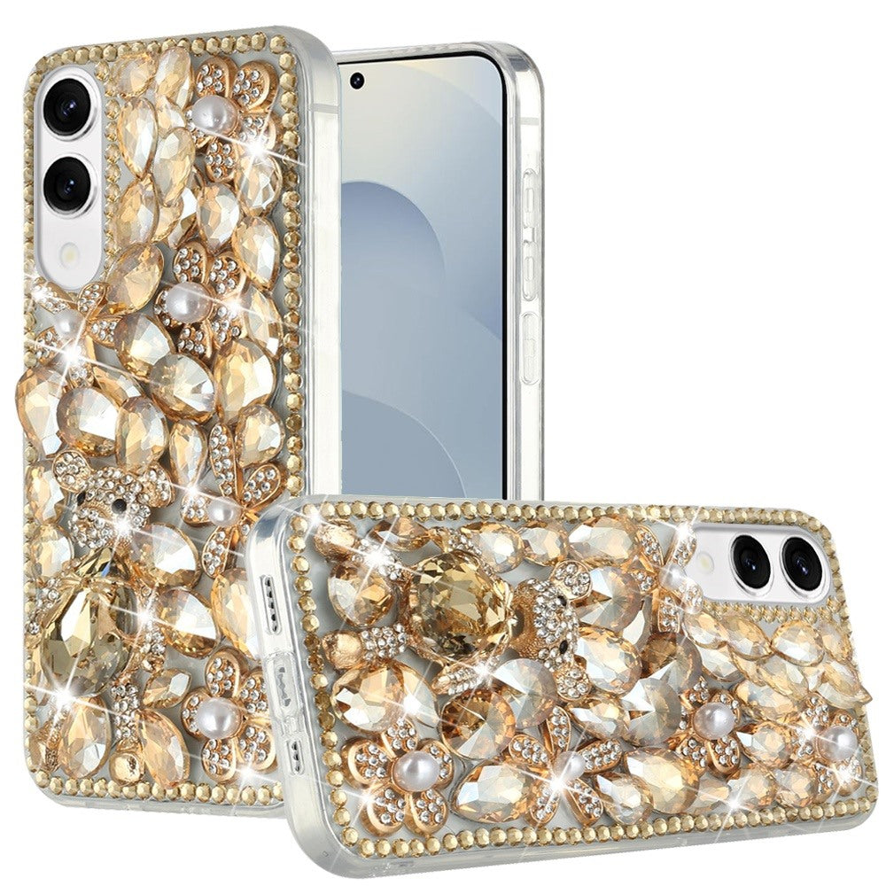 For Samsung Galaxy S25 Edge Bling Crystal 3D Full Diamonds Luxury Sparkle Rhinestone Hybrid Protective Case Cover Gold Swan Crown Pearl