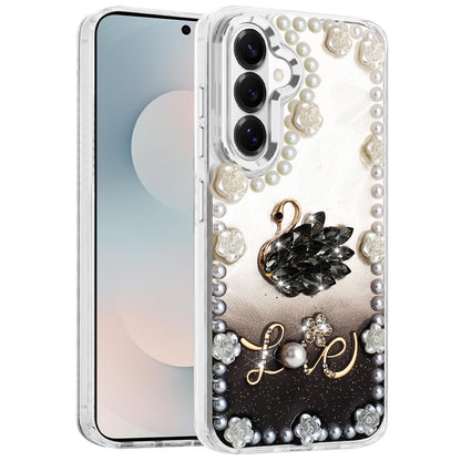 For Samsung Galaxy S26 Bling Fashion Design with 3D Pearls Epoxy Glitter Ornaments Chrome Edge Hard Slim PC Case Cover