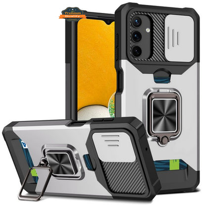 For Samsung Galaxy S24 FE /Fan Edition Wallet Slide Camera Protection, Credit Card Slot & Ring Kickstand Magnetic Car Mount Case Cover
