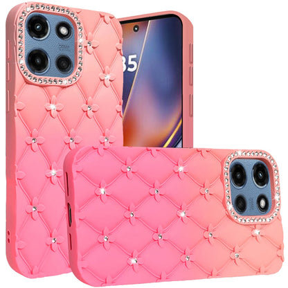 For Motorola Moto G 5G 2025 Fashion Flower Design Sparkle Glitter Shimmer Rhinestone Bling Floral Accents, Leather Texture TPU Case Cover