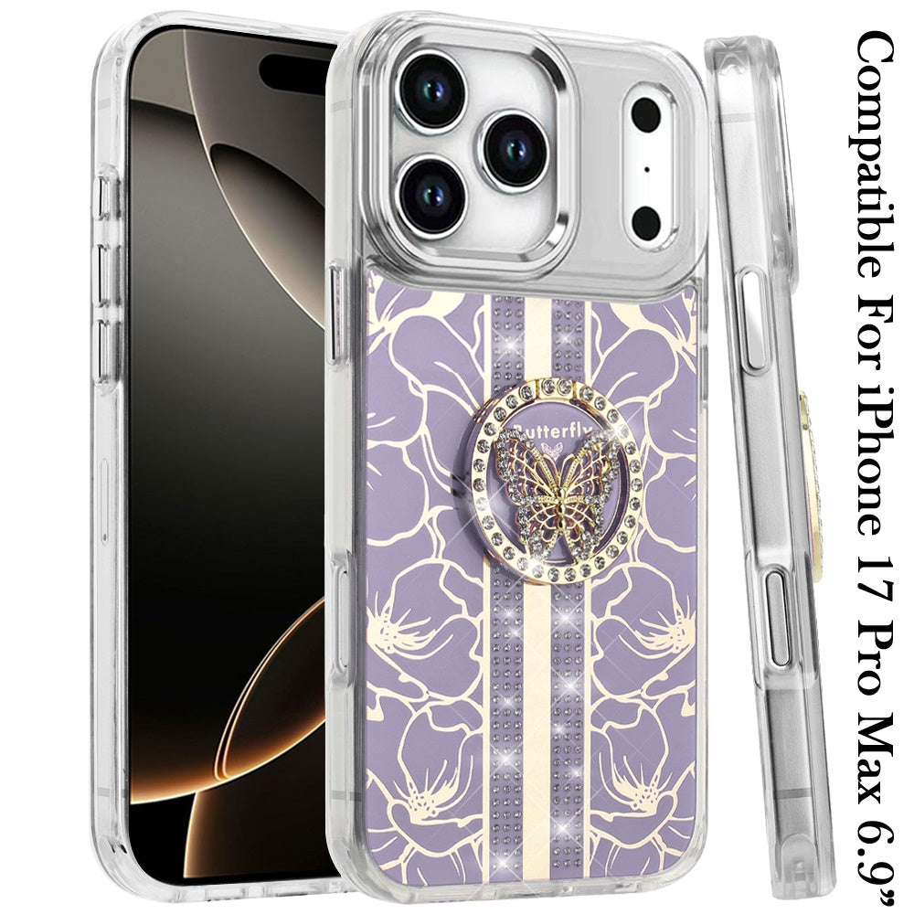 For Apple iPhone 17 Pro Max (6.9") Diamonds 3D Butterfly Floral Design Bling Sparkly Glitter Hybrid Metal Fashion with Ring Stand Case Cover