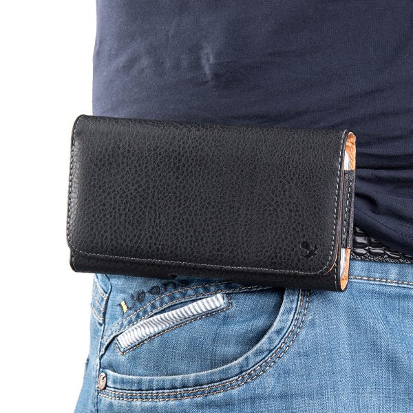 For Apple iPhone 16 (6.1") Universal Leather Case Belt Clip Holster with Clip and Loops Cell Phone Magnetic Carrying Pouch Horizontal (M) [Black]