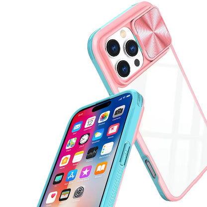 For Apple iPhone 16 Pro Hybrid Cases with Sliding Camera Cover Transparent Shockproof Bumper TPU Protective Case Cover Pink/Blue