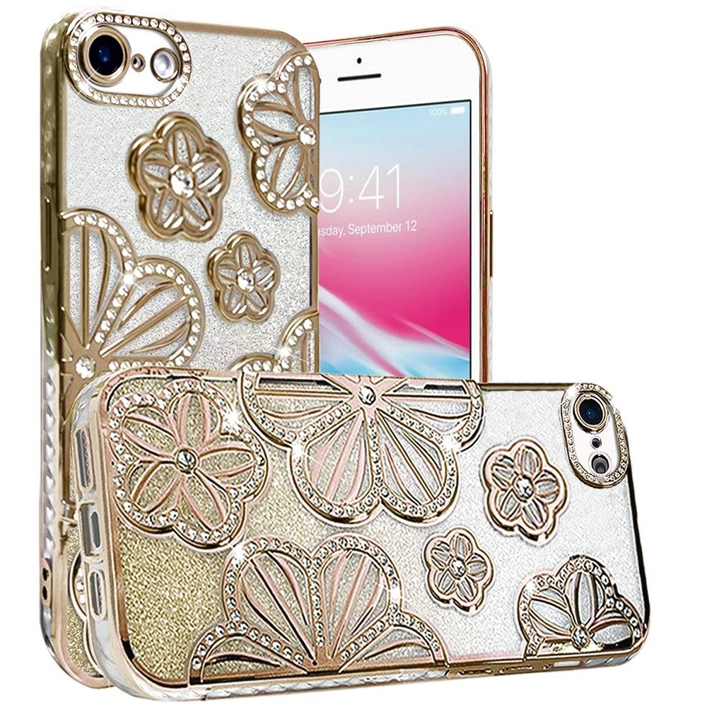 Phone Case for Apple iPhone SE 3 (2022) SE/8/7 Shimmer Glitter Floral Thick TPU Shockproof Durable Grip Camera Protection Anti-Scratch Stylish Design Cover