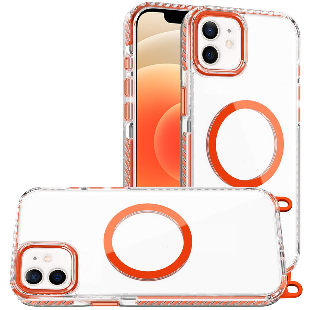 Phone Case for Apple iPhone 12 /12 Pro Transparent Magnetic Lanyard Shockproof Hybrid Clear Grip Durable Camera Protection TPU Anti-Slip Design Cover Cosmic Orange