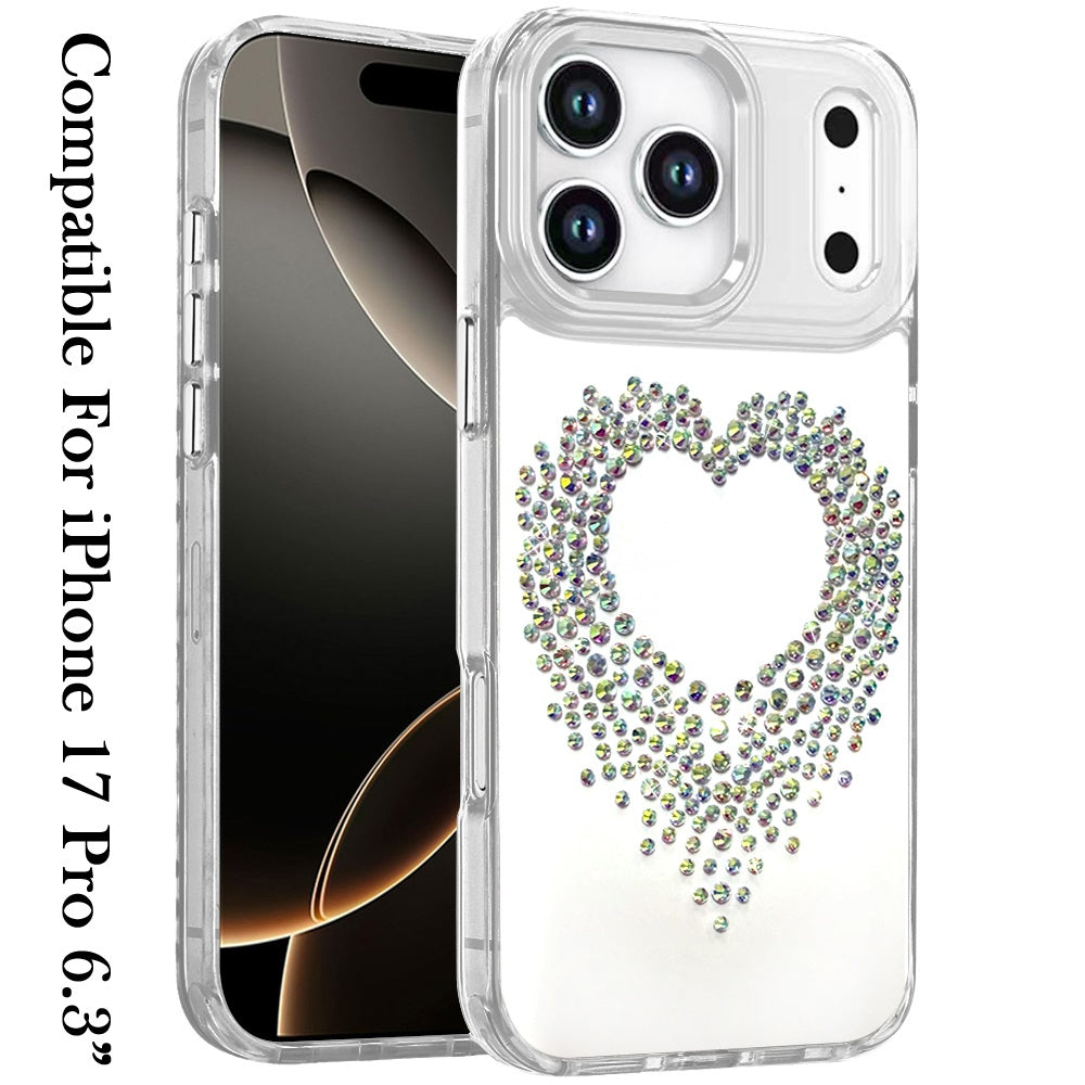 For Apple iPhone 17 Pro (6.3") Angel Hearts Bling Glitter Diamond Hybrid TPU Cover, Colorful Frame Shockproof Protective Back Case Cover Silver