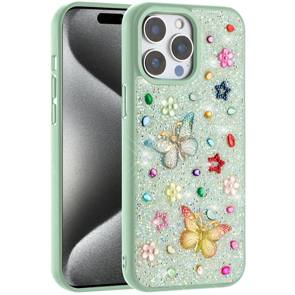 Phone Case for Apple iPhone 15 Pro Max 3D Butterfly Diamond Bling Glitter Shockproof Stylish Protective Luxury Hybrid Sparkly Durable Grip Design Cover Green