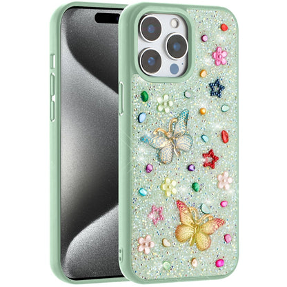Phone Case for Apple iPhone 15 Pro Max 3D Butterfly Diamond Bling Glitter Shockproof Stylish Protective Luxury Hybrid Sparkly Durable Grip Design Cover Green