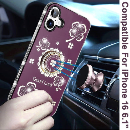 Phone Case for iPhone 16 Glitter Diamond Ring Stand Sparkle Rhinestone Edge AntiSlip Kickstand Luxury Fashion Bumper Shockproof Cover Red
