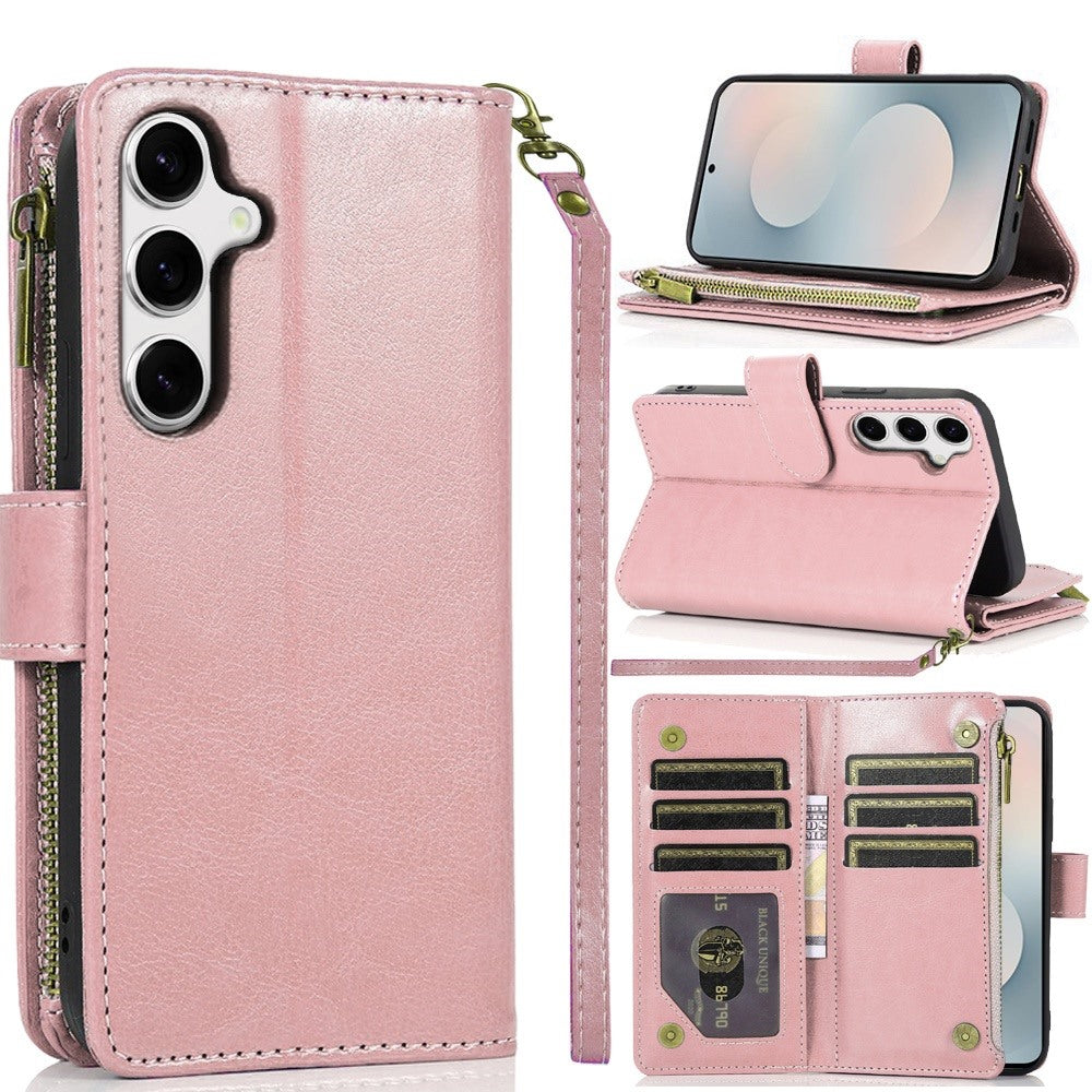 For Samsung Galaxy S26+ / S26 Plus Wallet Case with ID/ Card Holder, Wristlet Strap, Magnetic TPU Protective Shockproof Folio Flip Case Cover Rose Gold