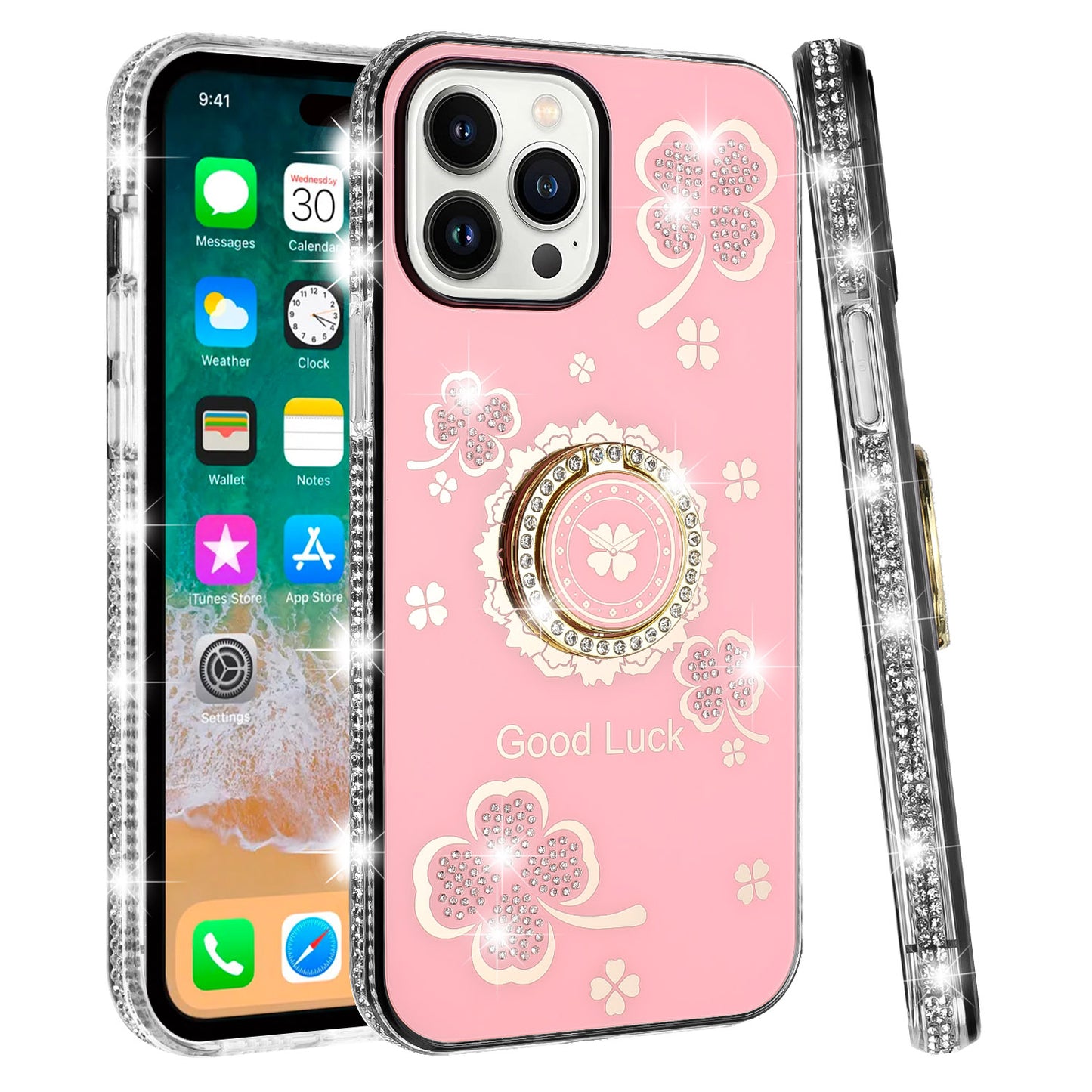 For Apple iPhone 16 Plus (6.7") Diamonds Bling All Around Edges Sparkly Glitter Hybrid with Ring Stand Holder Fashion Good Luck Case Cover