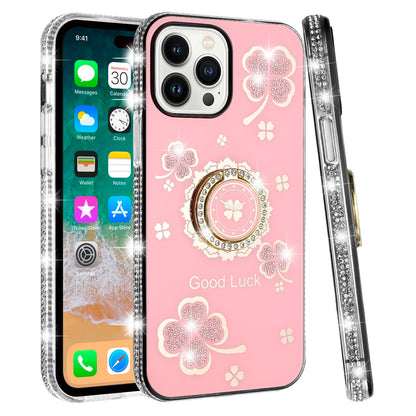 For Apple iPhone 16 Plus (6.7") Diamonds Bling All Around Edges Sparkly Glitter Hybrid with Ring Stand Holder Fashion Good Luck Case Cover