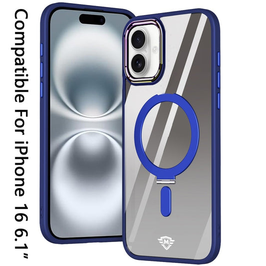 For Apple iPhone 16 Plus Magnetic Ring Stand Hybrid MagSafe Compatible Shockproof Protection Transparent Back Alloy Chrome Grip Case Cover Navy Blue