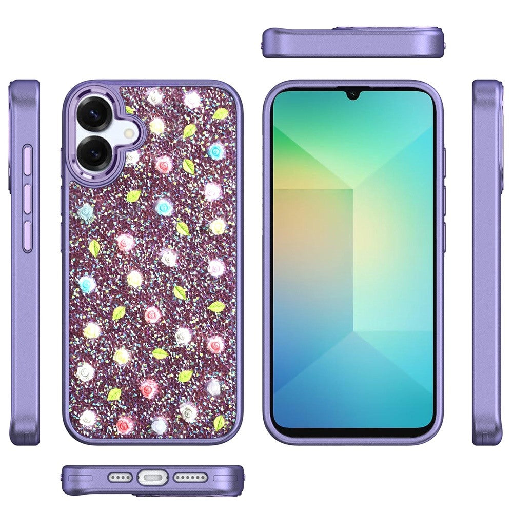 For Apple iPhone 15 Floral Design Embedded Glass Diamond Fancy Fashion Glitter Bling Sparkly Hybrid Rugged TPU Bumper Case Cover Purple