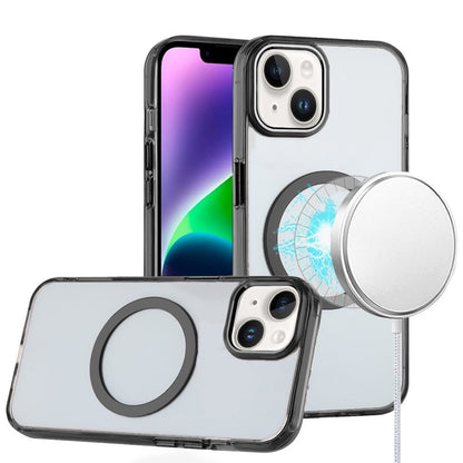 For iPhone 14/13 (6.1") Transparent Back Hybrid Case - Magnetic Circle, Color Frame, Metal Buttons, MagSafe Compatible Case Cover