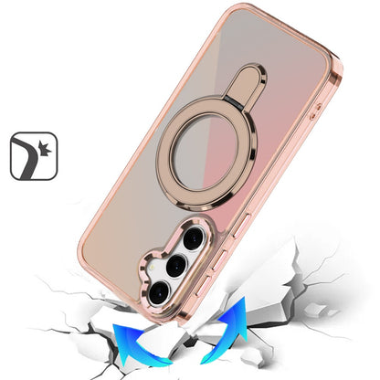 For Samsung Galaxy S25 FE /S25 Fan Edition Chrome Hybrid with Rotating Magnetic Circle Ring Stand, Slim Shockproof Hybrid Case Cover