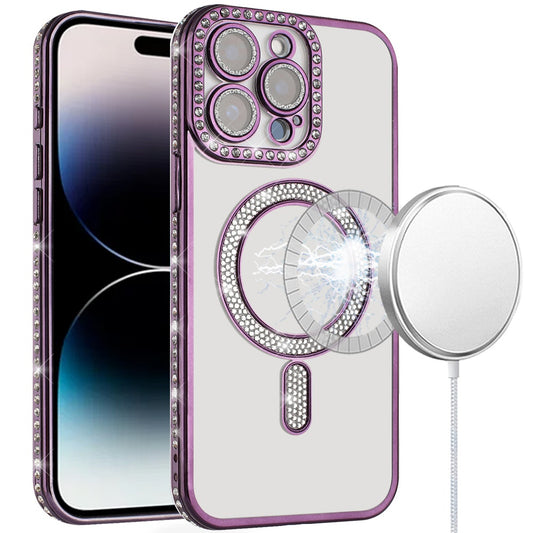 For Apple iPhone 13 Pro Max Bling Case with Diamond Magnetic Circle, Transparent Slim Shockproof Hybrid Slim Fit Case Cover