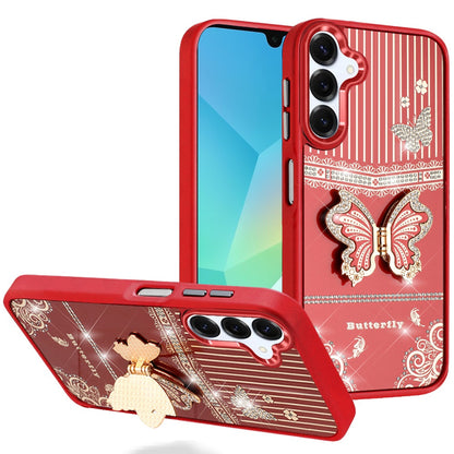 For Samsung Galaxy A16 5G Glitter 3D Butterfly Design Bling Metallic Edge Hybrid Stand Drop Protection TPU Shockproof Case Cover Red