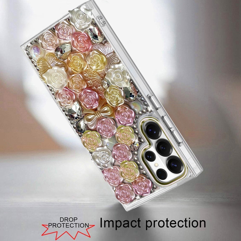 Phone Case for Samsung Galaxy S23 Ultra 3D Flower Bling Rhinestone Glitter Cute Stylish Shockproof Protective Decorative Luxury Grip Stones Ornaments Cover