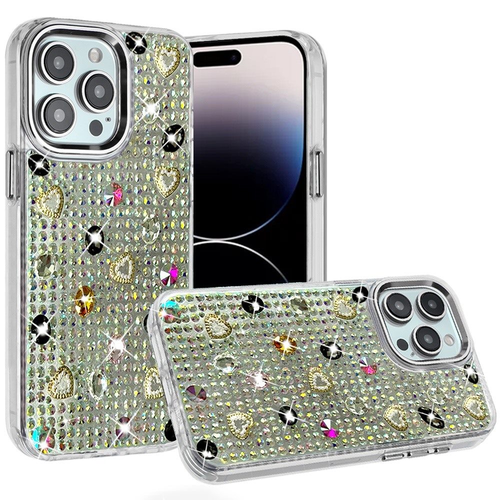 Phone Case for Apple iPhone 14 Pro Max Chrome Fashion Hybrid Bling Diamond Heart Rhinestone Decorative Stones Sparkling Embellished Design Cover