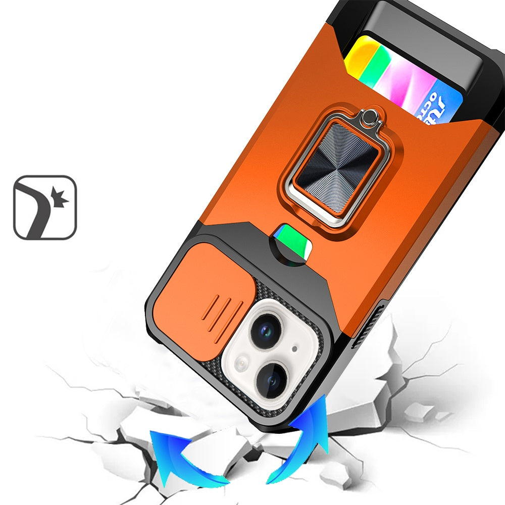 Phone Case for Apple iPhone 14/13 Card Holder Magnetic Ring Stand Shockproof Anti Slip Wallet Grip Protective Hybrid Design Cover Cosmic Orange