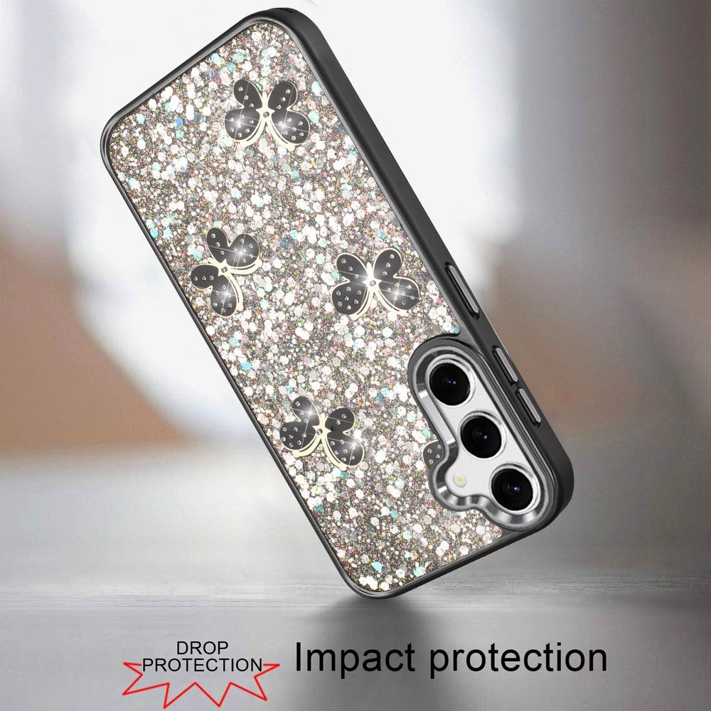 For Samsung Galaxy S26+ / S26 Plus Cute Butterfly Crystal Diamond Glitter Case Sparkle Bling Frame Metallic Edges, Shimmer TPU Hybrid Case Cover
