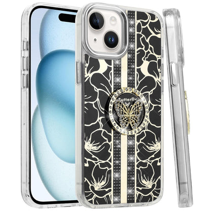 Phone Case for Apple iPhone 15 Floral Butterfly Ring Stand Glitter Bling Shockproof Hybrid Luxury Fashion Protective Anti Slip Durable Grip Cover Black