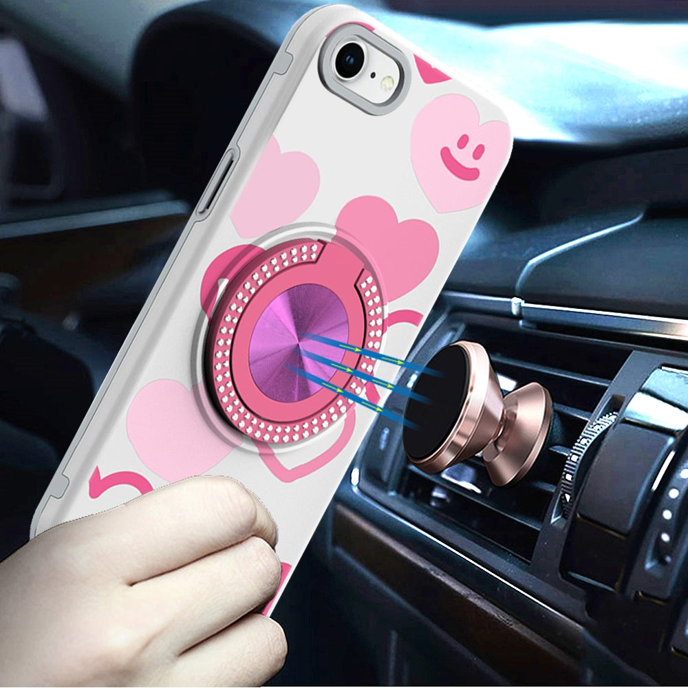 Phone Case for Apple iPhone SE 3 (2022) SE/8/7 Magnetic Ring Stand Matte Metal Hybrid Car Mount Friendly Shockproof Rotational Grip Diamond Design Pattern Cover Hearts