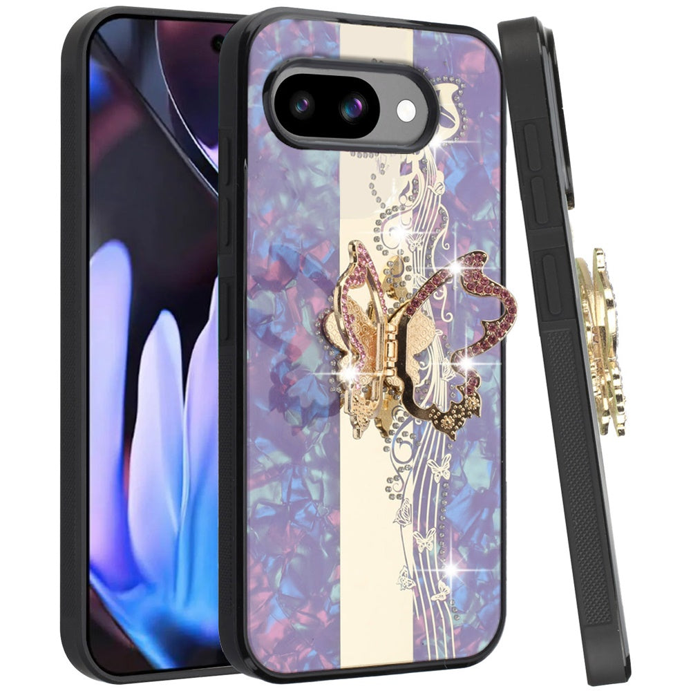 For Google Pixel 9A Diamonds 3D Fashion Bling Sparkly Glitter Ornaments Engraving Hybrid with Ring Stand Case Cover
