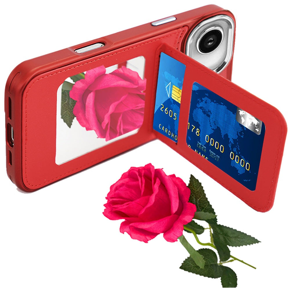For Apple iPhone 17 Air (6.6") PU Leather Wallet Cover with Credit Card Holder, Kickstand & Mirror Inside Slim Fit TPU & PC Hybrid Design Case Cover