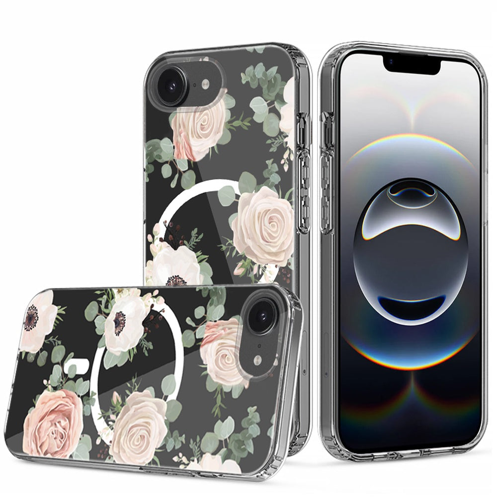 For Apple iPhone 17E /16E Hybrid Flower Design Stylish Fashion Case, MagSafe Compatible, Thick Shockproof Hard PC Case Cover