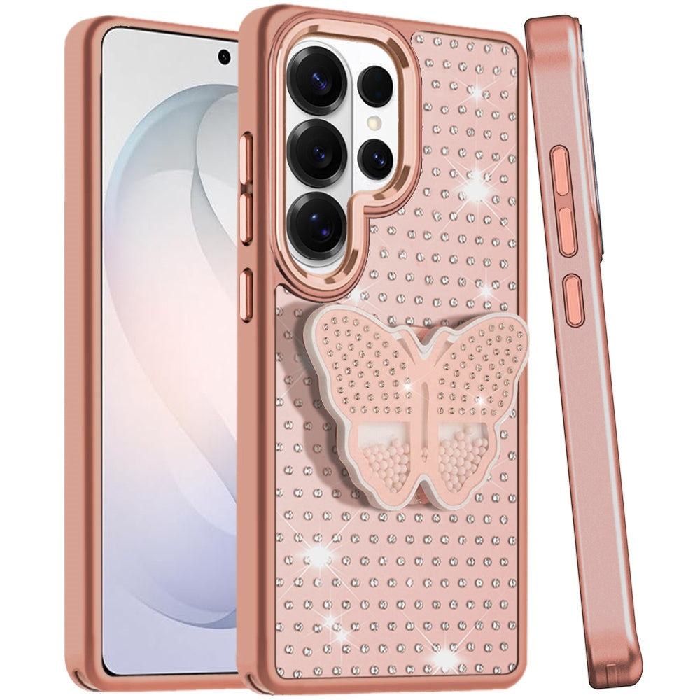 For Samsung Galaxy S26 Ultra Butterfly Moveable Grip 3D Pop Stand Full Diamond Bling Sparkling TPU Fashion Hybrid Case Cover